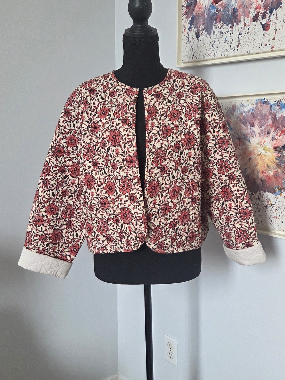 Primark Red Floral Quilted Crop Jacket with Cream Trim